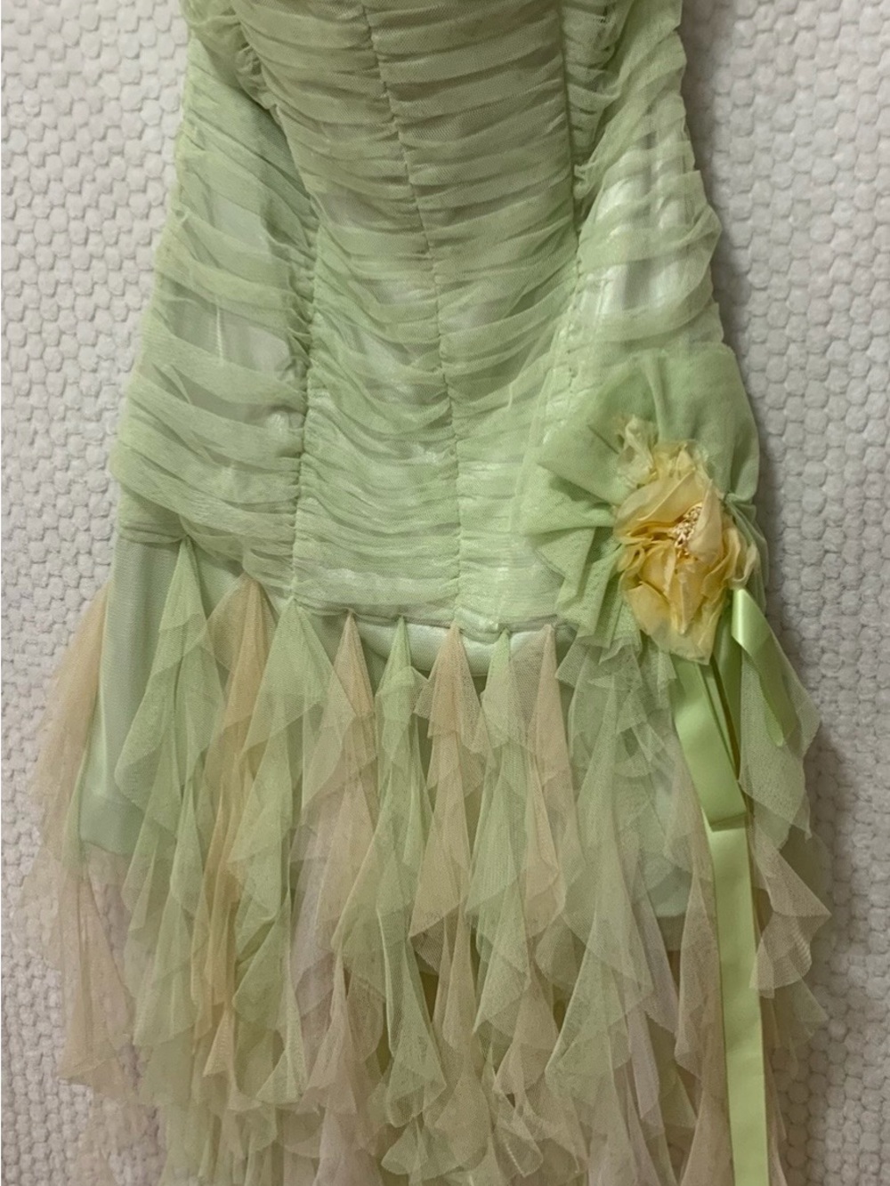 Vintage Y2K Green Ruffle Tulle  Dress with Floral Accent By Mac Duggar
